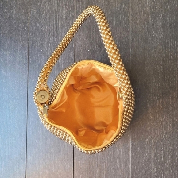 Women Ball Mesh Wristlet Yellow Gold Pouch Handle Bag Glitter Triangle Clutch - Picture 6 of 7